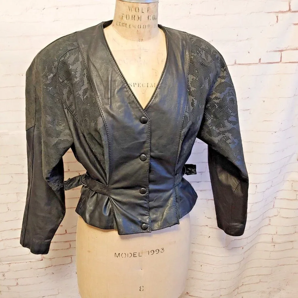 Vintage Chia Womens Leather Jacket Size M Medium Cropped Cinch Waist "Snakeskin" - Picture 2 of 12